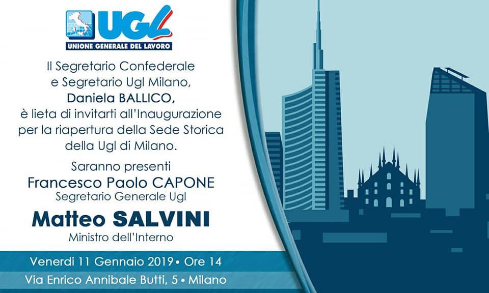 Venerdì 11 Gennaio: con Capone e Salvini inaugurazione Ugl Milano. Poi dibattito su legge di bilancio